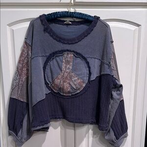 POL Patchwork Peace Sign  Sweater